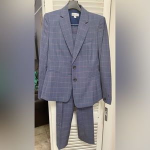 Two piece suit, blue plaid with pink accent